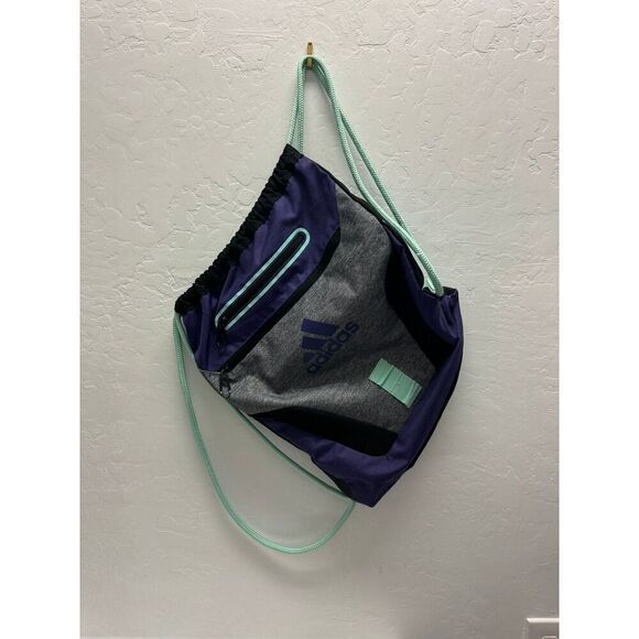 Adidas Purple Grey Drawstring Gym Bag Zip Pocket Dual Straps Logo Sackpack - Picture 1 of 5